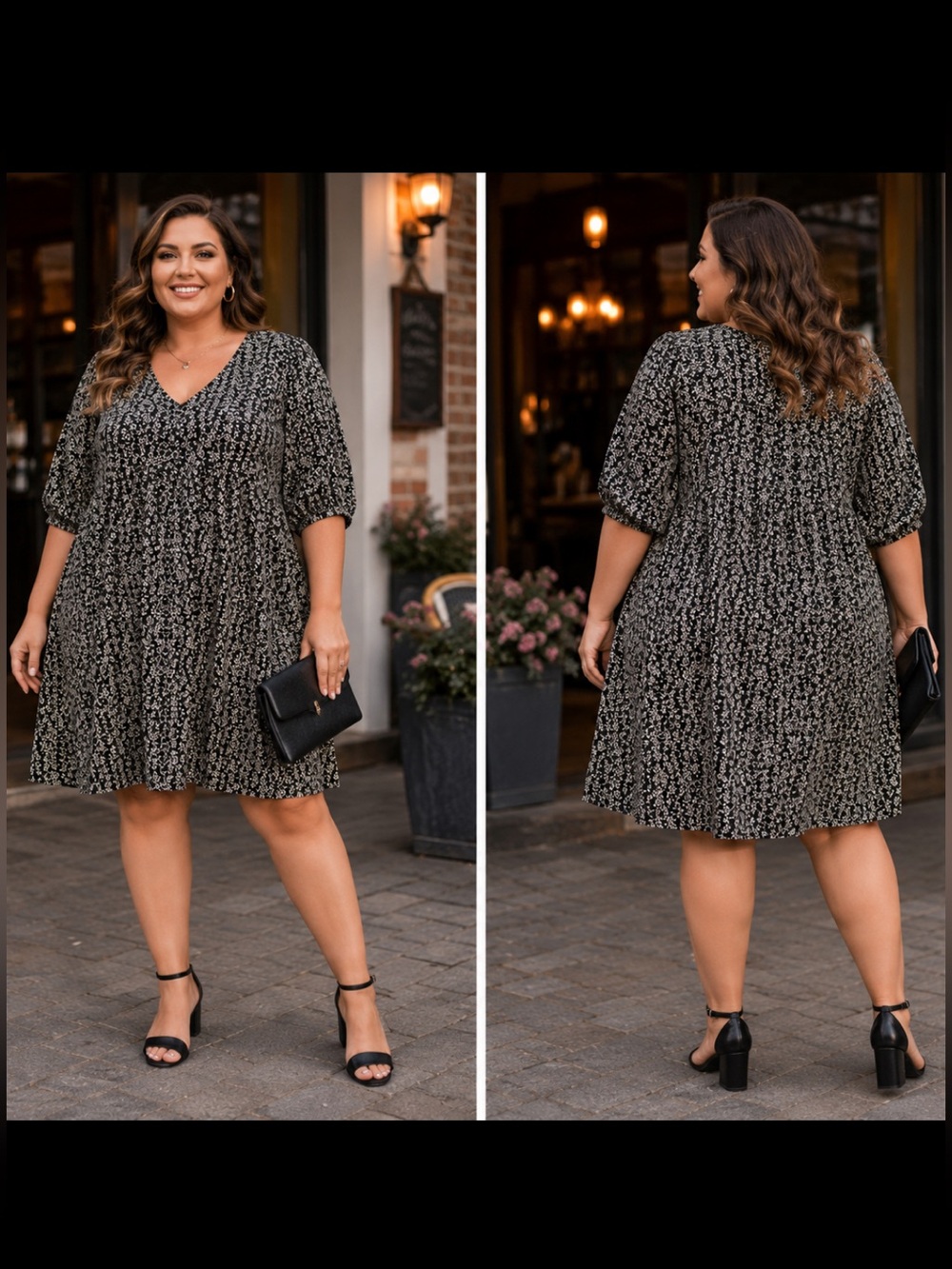 Black Floral V-Neck Mini Dress